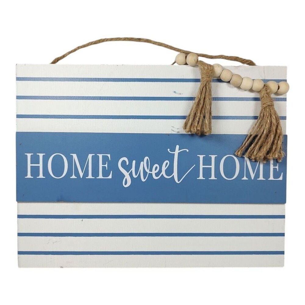Hudson Farmhouse Hanging Wall Sign Home Sweet Home Wood Bead Tassel Blue White